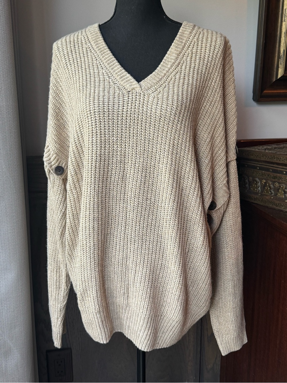 Kye Mi oversized Relaxed V-Neck Button-Sleeve Sweater - beige medium